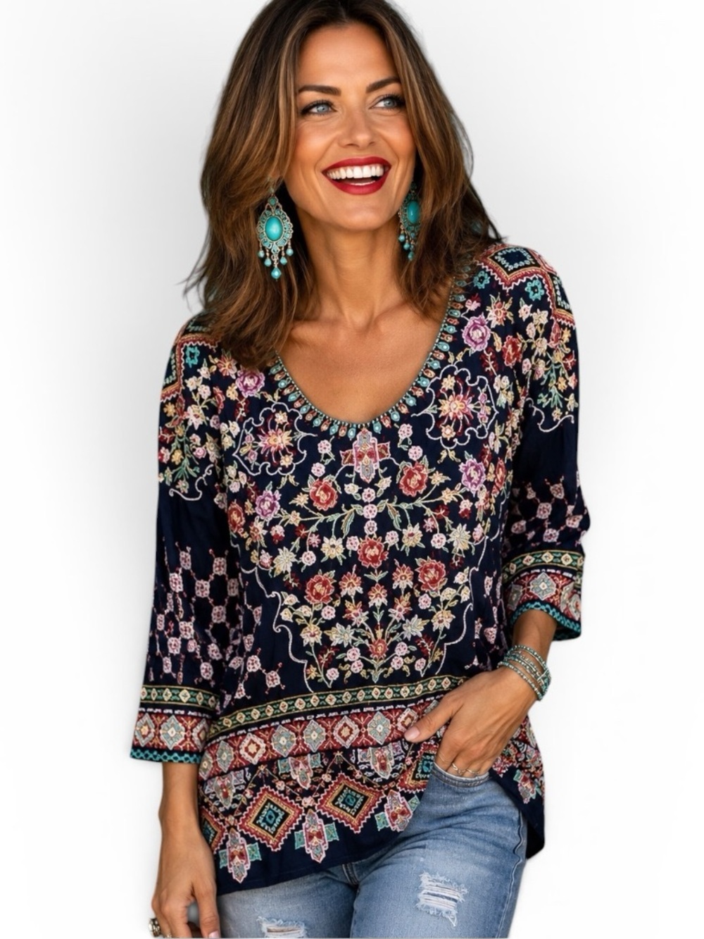Johnny Was extremely heavily embroidered dark Navy Sandra blouse NWT